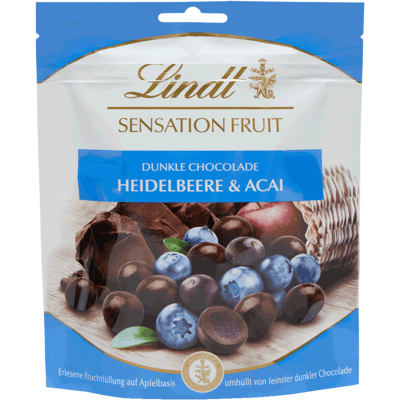 LINDT Sensation Fruit Bonbóny z horkej čokolády plnené ovocnou zložkou čučoriedky a acai 150 g LINDT Sensation Fruit Bonbóny z horkej čokolády plnené ovocnou zložkou čučoriedky a acai 150 g