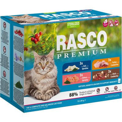 RASCO Kapsičky Premium Cat Pouch Sterilized - losos, treska, kačacie, morka 12 x 85 g RASCO Kapsičky Premium Cat Pouch Sterilized - losos, treska, kačacie, morka 12 x 85 g