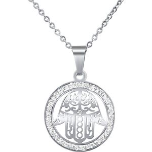 Silvego Oceľový náhrdelník s príveskom ruky Fátimy s krištáľom KMM39914N Silvego Oceľový náhrdelník s príveskom ruky Fátimy s krištáľom KMM39914N