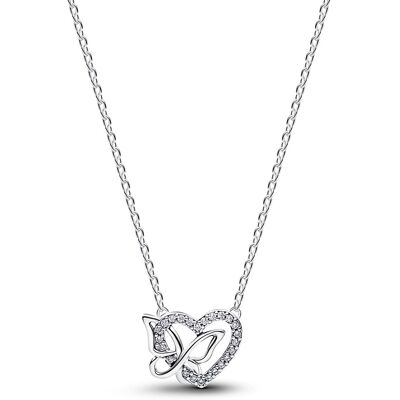Pandora Strieborný náhrdelník Srdce s motýľom 394477C01-45 Pandora Strieborný náhrdelník Srdce s motýľom 394477C01-45