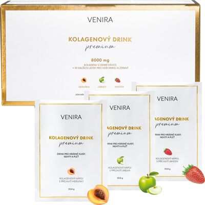 Venira Kolagénový drink pre vlasy, nechty a pleť s príchuťou (marhuľa, jablko, jahoda) 30 sáčkov Venira Kolagénový drink pre vlasy, nechty a pleť s príchuťou (marhuľa, jablko, jahoda) 30 sáčkov