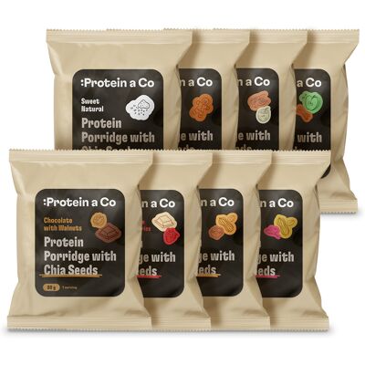 Protein a Co Ochutnávkový balíček - Proteínové kaše s chia 8 × 80 g Protein a Co Ochutnávkový balíček - Proteínové kaše s chia 8 × 80 g