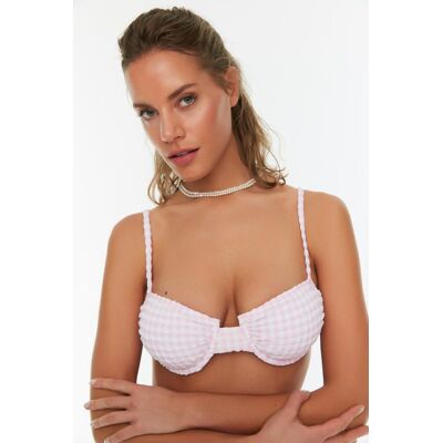 Trendyol Powder Gingham Textured Bikini Top Šedá 34 Trendyol Powder Gingham Textured Bikini Top Šedá 34