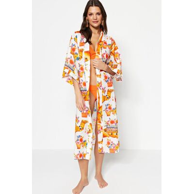 Trendyol Ethnic Pattern Belted Maxi-Weave 100% Cotton Kimono & Kaftan Biela S Trendyol Ethnic Pattern Belted Maxi-Weave 100% Cotton Kimono & Kaftan Biela S