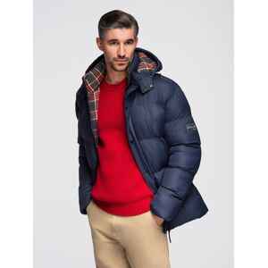 Ombre Men'S Puffer Jacket With Check Lining - Navy Blue Modrá Xl Ombre Men'S Puffer Jacket With Check Lining - Navy Blue Modrá Xl
