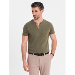 Ombre Men'S T-Shirt With Button Neckline And Suede Trim - Dark Olive Kaki M Ombre Men'S T-Shirt With Button Neckline And Suede Trim - Dark Olive Kaki M