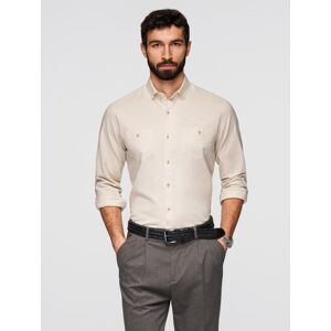 Ombre Men'S Linen Shirt With Classic Collar And Pockets Regular Fit - Cream Krémová S Ombre Men'S Linen Shirt With Classic Collar And Pockets Regular Fit - Cream Krémová S