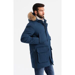 Ombre Men'S Long Parka Jacket With Flared Bottom - Navy Blue Modrá S Ombre Men'S Long Parka Jacket With Flared Bottom - Navy Blue Modrá S
