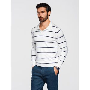 Ombre Men'S Horizontal Striped Polo Longsleeve With Viscose - White And Navy Blue Biela Xl Ombre Men'S Horizontal Striped Polo Longsleeve With Viscose - White And Navy Blue Biela Xl