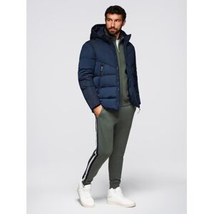 Ombre Men'S Jacket With Asymmetrical Quilting And Hood - Navy Blue Modrá M Ombre Men'S Jacket With Asymmetrical Quilting And Hood - Navy Blue Modrá M