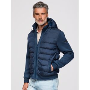 Ombre Quilted Bomber Jacket With Hood And Knitted Sleeves - Navy Blue Modrá M Ombre Quilted Bomber Jacket With Hood And Knitted Sleeves - Navy Blue Modrá M