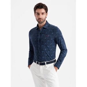 Ombre Men'S Cotton Shirt With Floral Motif - Navy Blue Modrá Xl Ombre Men'S Cotton Shirt With Floral Motif - Navy Blue Modrá Xl