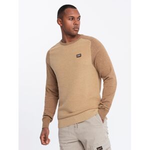 Ombre Men'S Cotton Sweater With Patch And Raglan Sleeves - Brown Krémová L Ombre Men'S Cotton Sweater With Patch And Raglan Sleeves - Brown Krémová L