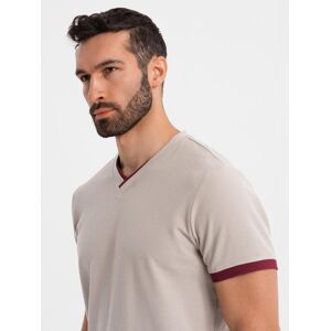 Ombre Men'S T-Shirt With Contrasting Inserts And V-Neck - Beige Krémová S Ombre Men'S T-Shirt With Contrasting Inserts And V-Neck - Beige Krémová S