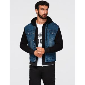 Ombre Men'S Denim Jacket With Knitted Sleeves And Hood - Blue And Black Čierna M Ombre Men'S Denim Jacket With Knitted Sleeves And Hood - Blue And Black Čierna M