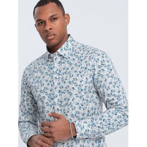 Pánska Košeľa Ombre Slim Fit S Potlačou Vetvičiek - Modro-Sivá Šedá S Pánska Košeľa Ombre Slim Fit S Potlačou Vetvičiek - Modro-Sivá Šedá S