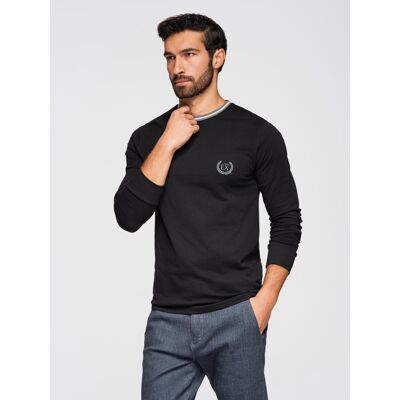 Ombre Men'S Cotton Longsleeve With Striped U Neckline And Embroidery - Black Čierna Xxl Ombre Men'S Cotton Longsleeve With Striped U Neckline And Embroidery - Black Čierna Xxl