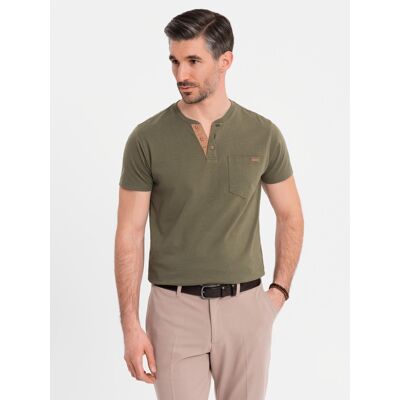 Ombre Men'S T-Shirt With Button Neckline And Suede Trim - Dark Olive Kaki S Ombre Men'S T-Shirt With Button Neckline And Suede Trim - Dark Olive Kaki S