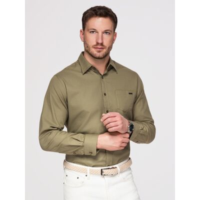 Ombre Men'S Cotton Shirt With Pocket Regular Fit - Olive Kaki L Ombre Men'S Cotton Shirt With Pocket Regular Fit - Olive Kaki L