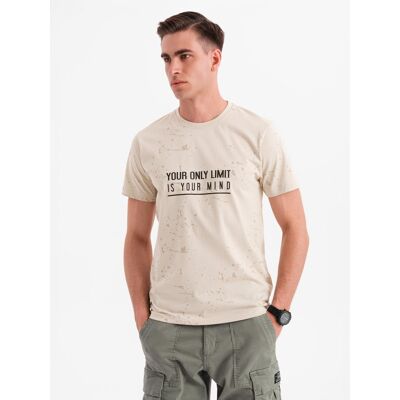 Ombre Men'S T-Shirt With Print And Round Neckline - Cream Krémová S Ombre Men'S T-Shirt With Print And Round Neckline - Cream Krémová S