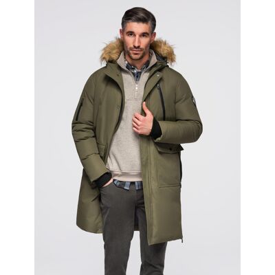 Ombre Alaskan Men'S Winter Jacket With Detachable Fur From The Hood - Dark Olive Green Kaki S Ombre Alaskan Men'S Winter Jacket With Detachable Fur From The Hood - Dark Olive Green Kaki S