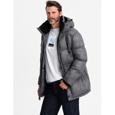 Ombre Men'S Long Puffer Jacket With Snap Pockets - Graphite Šedá S Ombre Men'S Long Puffer Jacket With Snap Pockets - Graphite Šedá S