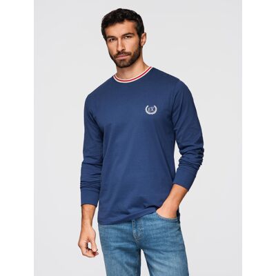 Ombre Men'S Cotton Longsleeve With Striped U Neckline And Embroidery - Dark Blue Modrá S Ombre Men'S Cotton Longsleeve With Striped U Neckline And Embroidery - Dark Blue Modrá S