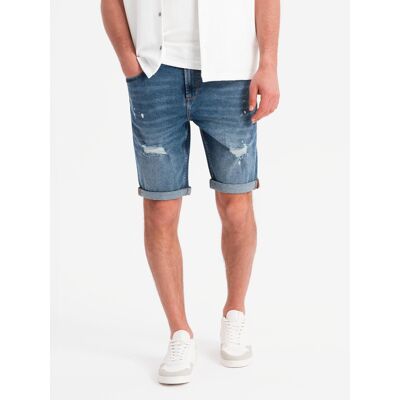 Ombre Men'S Short Denim Shorts With Rubbing And Rolled Up Leg - Blue Modrá S Ombre Men'S Short Denim Shorts With Rubbing And Rolled Up Leg - Blue Modrá S