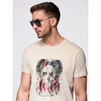 Ombre Men'S Cotton T-Shirt With Rock Style Print - Cream Krémová Xxl Ombre Men'S Cotton T-Shirt With Rock Style Print - Cream Krémová Xxl