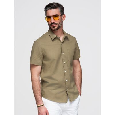 Ombre Men'S Short Sleeve Cotton And Linen Shirt With Pocket - Olive Krémová S Ombre Men'S Short Sleeve Cotton And Linen Shirt With Pocket - Olive Krémová S