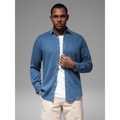 Ombre Men'S Denim Shirt With Lyocell And Embroidery On The Chest - Blue Modrá L Ombre Men'S Denim Shirt With Lyocell And Embroidery On The Chest - Blue Modrá L