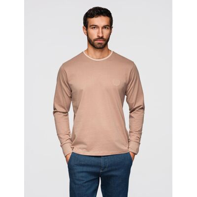 Ombre Men'S Cotton Longsleeve With Striped U Neckline And Embroidery - Brown Krémová M Ombre Men'S Cotton Longsleeve With Striped U Neckline And Embroidery - Brown Krémová M