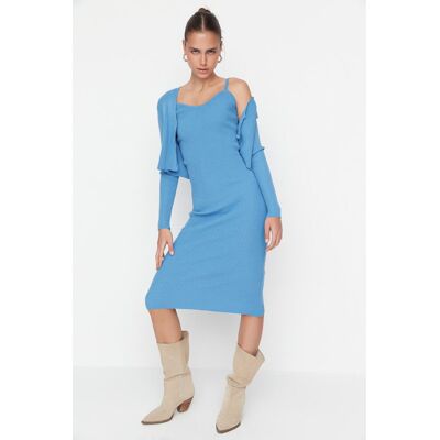 Trendyol Blue Modrý Vypasovaný Midi Úplet Cardigan Dress Suit Modrá L Trendyol Blue Modrý Vypasovaný Midi Úplet Cardigan Dress Suit Modrá L
