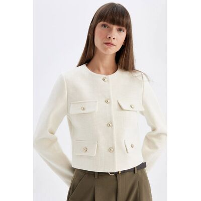 Defacto Crop Crew Neck Button-Down Blazer Jacket Šedá 34 Defacto Crop Crew Neck Button-Down Blazer Jacket Šedá 34