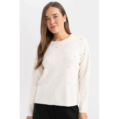 Defacto Regular Fit Crew Neck Stone Knitted Sweater Biela Xl Defacto Regular Fit Crew Neck Stone Knitted Sweater Biela Xl