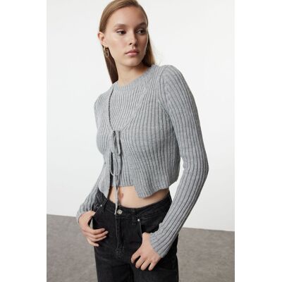 Trendyol Gray Crop Blouse-Cardigan Set Knitwear Cardigan Šedá S Trendyol Gray Crop Blouse-Cardigan Set Knitwear Cardigan Šedá S
