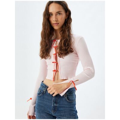 Koton Bow Crop Cardigan Ribbed Slim Fit Long Sleeve Round Neck Cotton Šedá M Koton Bow Crop Cardigan Ribbed Slim Fit Long Sleeve Round Neck Cotton Šedá M