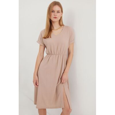 Bigdart 2378 V Neck Slit Knitted Dress - Biscuit Krémová 38 Bigdart 2378 V Neck Slit Knitted Dress - Biscuit Krémová 38