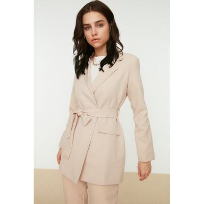 Trendyol Beige Belted Pocket Detailed Blazer Woven Jacket Krémová 40 Trendyol Beige Belted Pocket Detailed Blazer Woven Jacket Krémová 40