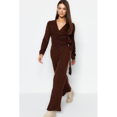 Trendyol Brown Crop Wide Pattern Double Breasted Tie Detailed Knitwear Top-Bottom Set Hnedá L Trendyol Brown Crop Wide Pattern Double Breasted Tie Detailed Knitwear Top-Bottom Set Hnedá L