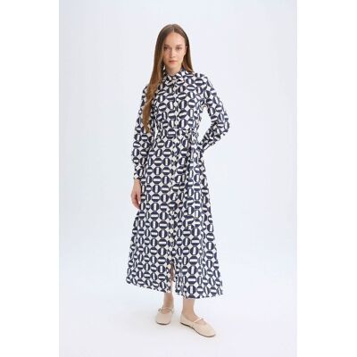 Defacto Shirt Collar Patterned Buttoned Belted Long Sleeve Maxi Dress Šedá 38 Defacto Shirt Collar Patterned Buttoned Belted Long Sleeve Maxi Dress Šedá 38