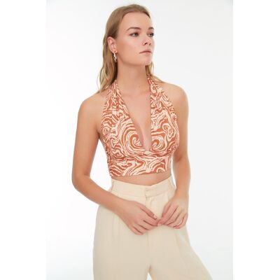 Oranžová Potlačená Halterneck Priliehavá Super Krátka Pružná Pletená Blúzka Od Trendyol Oranžová Xl Oranžová Potlačená Halterneck Priliehavá Super Krátka Pružná Pletená Blúzka Od Trendyol Oranžová Xl