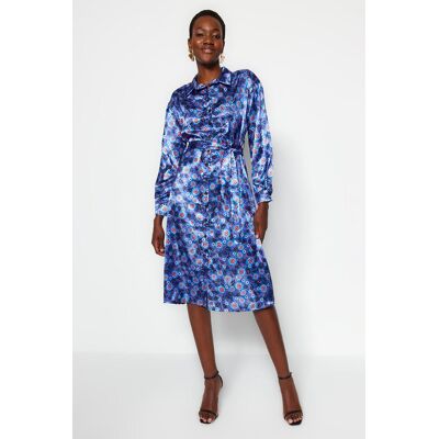 Trendyol Blue Belted Kvetinový Vzor Saténové Midi Tkané Šaty Modrá 34 Trendyol Blue Belted Kvetinový Vzor Saténové Midi Tkané Šaty Modrá 34