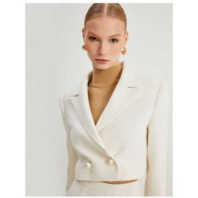 Koton Crop Tweed Blazer Jacket Double Breasted Pearl Buttons Šedá 38 Koton Crop Tweed Blazer Jacket Double Breasted Pearl Buttons Šedá 38