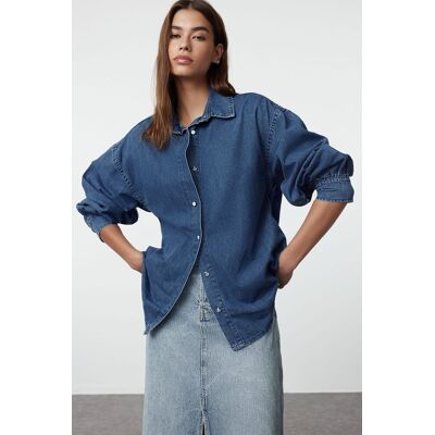 Námornícka Modrá Oversized Rifľová Košeľa Od Značky Trendyol Modrá Xs Námornícka Modrá Oversized Rifľová Košeľa Od Značky Trendyol Modrá Xs