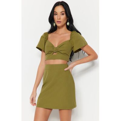 Trendyol Khaki Tkaný Set S Doplnkami, 100% Bavlnená Blúzka A Krátke Nohavice Kaki 42 Trendyol Khaki Tkaný Set S Doplnkami, 100% Bavlnená Blúzka A Krátke Nohavice Kaki 42