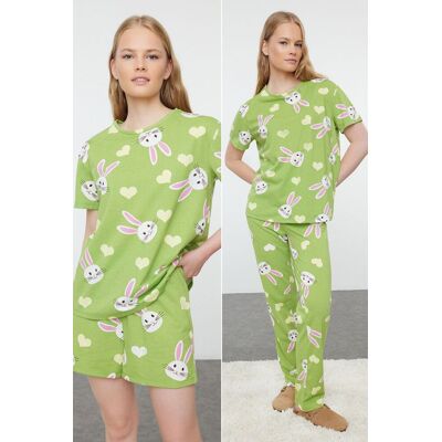 Trendyol Green 3-Pack 100% Cotton Rabbit And Heart Knitted Pajama Set Svetlozelená M Trendyol Green 3-Pack 100% Cotton Rabbit And Heart Knitted Pajama Set Svetlozelená M