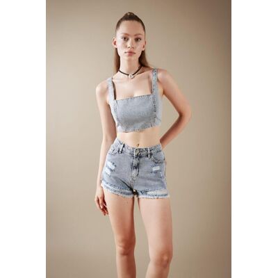 Defacto Crop Square Neck 100% Cotton Jean Blouse Šedá S Defacto Crop Square Neck 100% Cotton Jean Blouse Šedá S