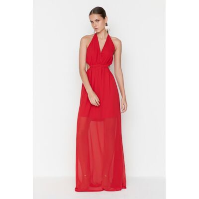 Trendyol Red Back Detailné Dlhé Večerné Šaty Červená 36 Trendyol Red Back Detailné Dlhé Večerné Šaty Červená 36