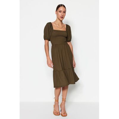 Trendyol Khaki Otvorený Pás/skater Štvorcový Krk Balónový Rukáv Midi Krepové Pletené Šaty Kaki Xs Trendyol Khaki Otvorený Pás/skater Štvorcový Krk Balónový Rukáv Midi Krepové Pletené Šaty Kaki Xs